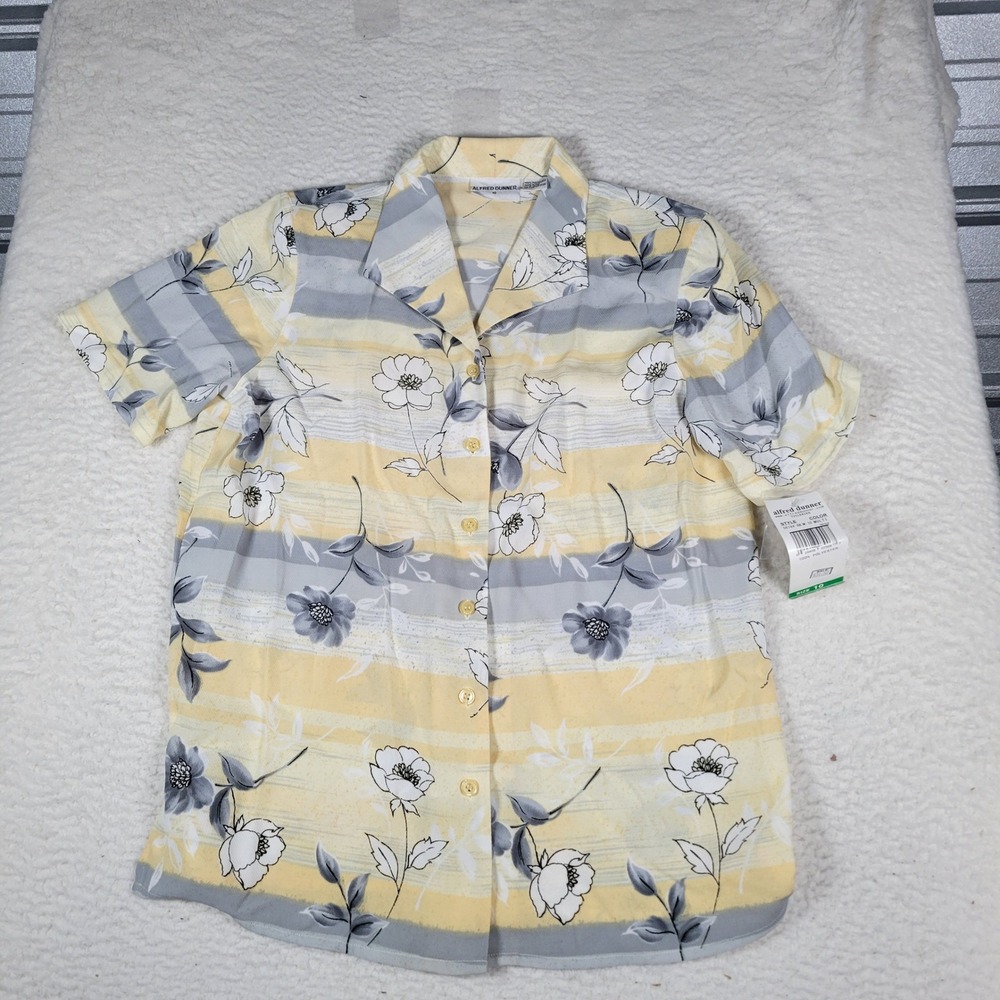 Alfred Dunner Button Down Shirt Womens Size 10 Yellow Floral Striped Tuileries